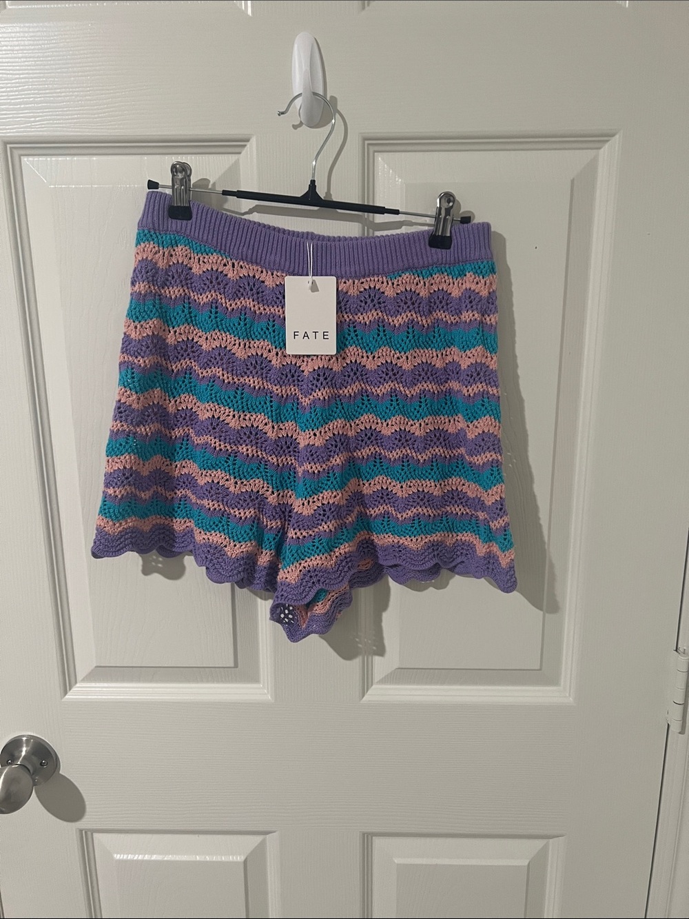 Fate Crochet Wave-Stripe Shorts in Lavender, Teal & Peach